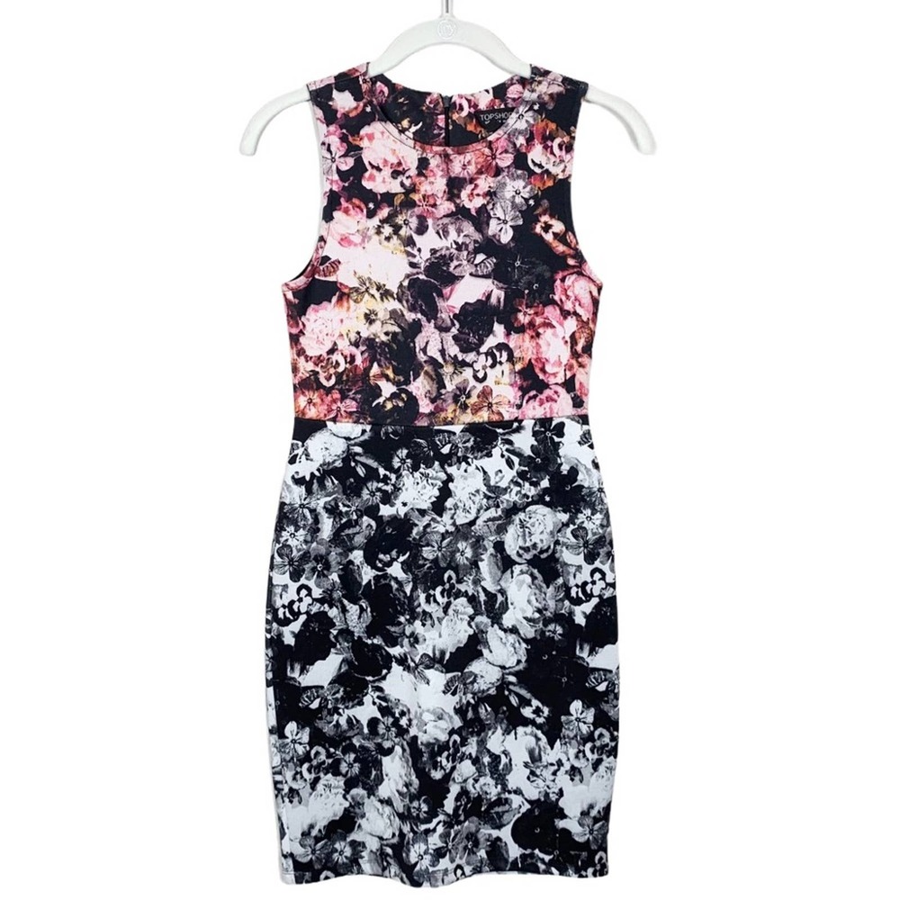 Topshop Black Scuba Floral Print Bodycon Dress Women's 4 - Picture 3 of 11